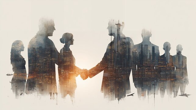 Silhouettes of diverse business team members shaking hands with a city overlay, concept for international partnerships, mergers and acquisitions, and global market expansion, senior executive