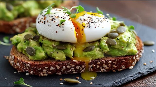 A slice of multigrain toast topped with smashed avocado, poached egg, seeds, and microgreens with yolk oozing out.