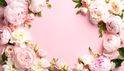 Obraz premium Pink Peonies and Roses Floral Frame on Pink Background