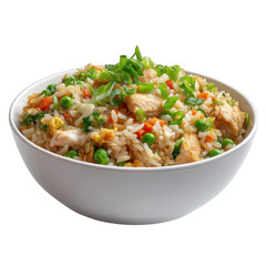Delicious chicken fried rice with vegetables and green onions isolated on transparent background