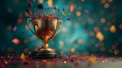 Golden trophy brimming with festive confetti against a blurred, vibrant backdrop. Concept for achievement celebration, corporate awards and victory milestone recognition