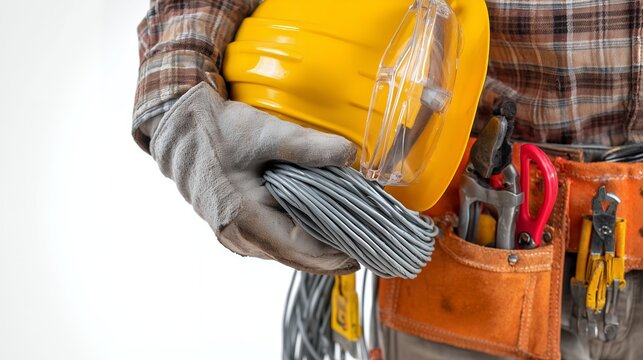 Close up of electrician holding yellow hardhat and cable in hand wearing gloves and tool belt, concept for electrical contracting, construction safety and residential wiring projects