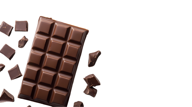 A close up of a chocolate bar with pieces broken isolated on white background