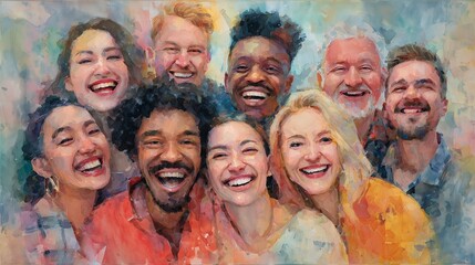 Watercolor style painting of a diverse group of people laughing together, showcasing joy and unity, concept for teamwork spirit, community engagement and inclusive company culture promoting diversity