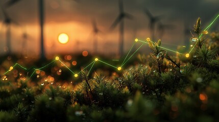 Green vegetation with water droplets and illuminated trend line against blurred wind turbines at sunset, concept for sustainable business, eco-friendly investment strategies and renewable energy