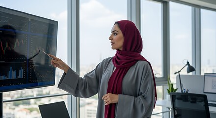 A businesswoman wearing a hijab confidently presents financial data on a large screen during a presentation in a modern .