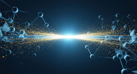 Dynamic abstract network with glowing particles and molecular structures, symbolizing connection and innovation