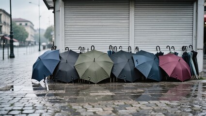 A row of colorful umbrellas stand open, protecting a street as the rain pours down, transforming the urban landscape into a scene of both practicality and vibrancy.