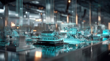 Futuristic automotive assembly line with robotic arms constructs engines with bright blue holographic effects, concept for automotive engineering, industrial automation and manufacturing processes