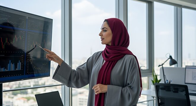 A businesswoman wearing a hijab confidently presents financial data on a large screen during a presentation in a modern . - Powered by Adobe