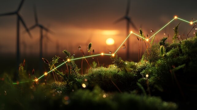 Green moss foreground and blurred wind turbines at sunset with growing graph line, concept for renewable energy forecast, sustainable business growth and ecofriendly investment strategies