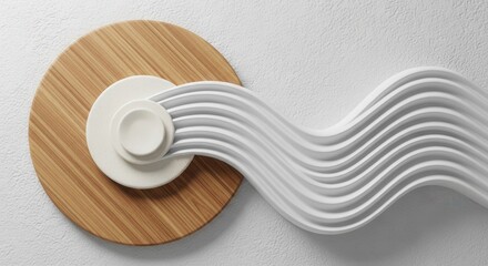 Abstract flowing white waves emanating from a wooden disc