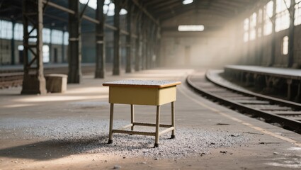An isolated wooden desk stands solitary amidst the empty railway platform, illuminated by rays of sun, which evokes sense of time, solitude, and tranquility.