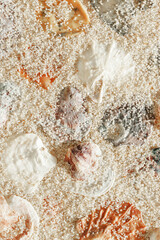 Minimal aesthetic seashells pattern on beige sand, natural sea oceanic and summer textured background, summer relaxation, top view photo with delicate pastel colored shell, rest beach wallpaper