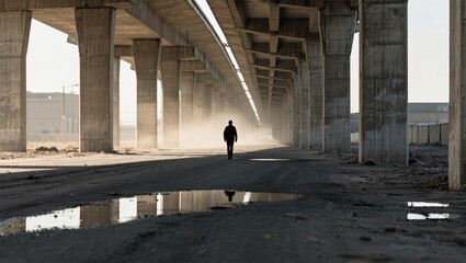 A lone figure traverses a desolate, sun-drenched underpass, their silhouette a symbol of solitude and resilience against a backdrop of industrial structures and muted tones.