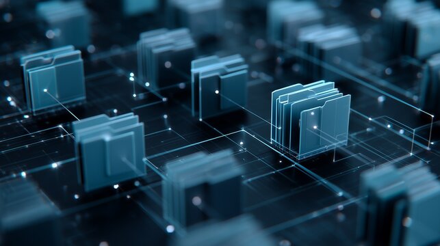 Abstract data structure with connected digital folders on a dark surface, concept for database management, information technology and cloud storage solutions
