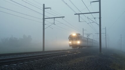 A train emerges from the fog, creating a sense of mystery and wonder in this captivating photograph of an obscured landscape.
