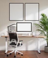 Poster Frame Mockup with Computer Screen in Modern Minimalist Home Office Interior