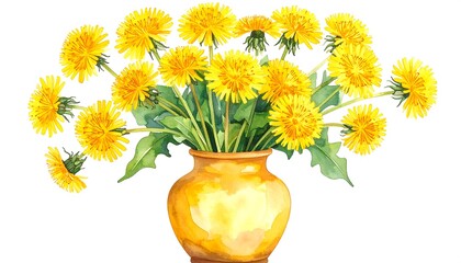 Watercolor illustration of vibrant yellow dandelions in a golden vase on white background