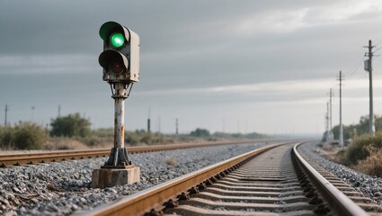 An evocative composition of railway track, under a moody sky, with a vibrant green signal, inviting a journey.