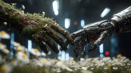 Two hands, one made of nature and the other robotic, reaching out to each other in a field of daisies. Concept for technological advancement, ecological harmony and futuristic collaboration