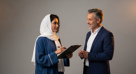 A woman in a hijab and a man in a suit discuss business documents, showcasing professional collaboration and intercultural communication in a modern setting.