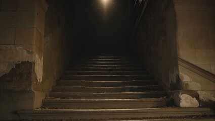 A historic stone staircase ascends into darkness, a sense of mystery. The imposing structure draws the eye upwards.