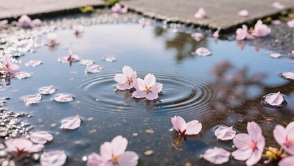 Captivating image showcases delicate cherry blossom petals floating serenely on a tranquil pool of water, creating a scene of simple beauty.