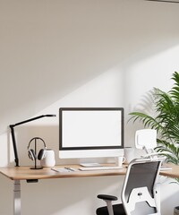 Poster Frame Mockup with Computer Screen in Modern Minimalist Home Office Interior
