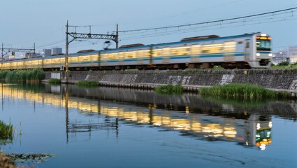 A sleek, modern train speeds along a track beside a tranquil waterway, its lights reflecting in the calm water. A perfect composition of motion and reflection.
