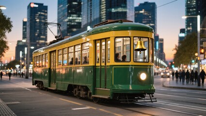 An eye-level shot of a vibrant vintage tram, moving through the city during the golden hour, a celebration of urban transportation.