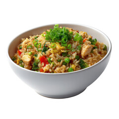 Delicious chicken fried rice with vegetables and green onions isolated on transparent background
