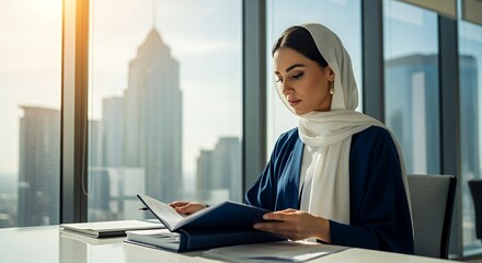 A woman in a hijab thoughtfully reads a book in a modern overlooking a cityscape.