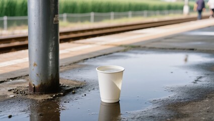 A solitary paper cup rests on the wet platform. capturing a moment of tranquility at the railway station.