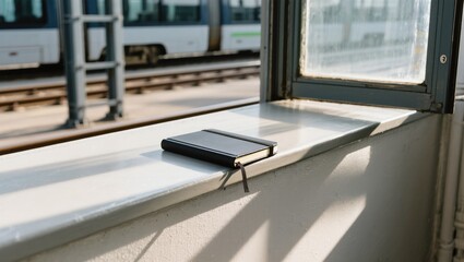 A serene notebook sits on a windowsill, bathing in the natural sunlight, a moment of tranquility captured amidst a bustling train station. 