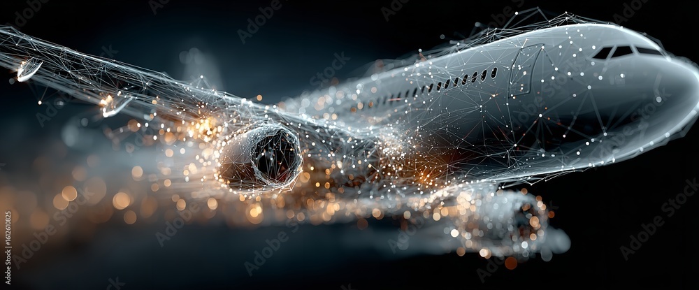 Poster abstract airplane flight network digital art modern technology design background 3d mesh dark grey