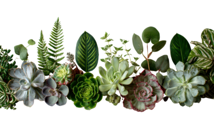 Assorted succulents and leafy houseplants displayed in a creative layout isolated on a Transparent background, PNG file.