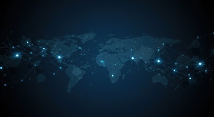 Global network connections and data transfer across the world in a futuristic digital design