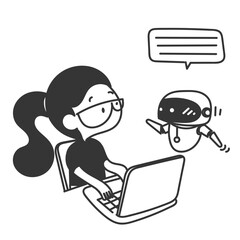cute girl with laptop talking to robot in doodle  cartoon sketch
