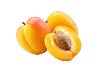 Fresh ripe apricots with one sliced revealing seed fruit food, Isolated, Png Transparent Background