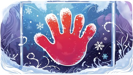 A red handprint on frozen glass with snowflakes and a wintery backdrop