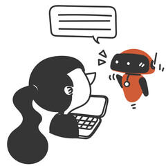 cute girl with laptop talking to robot in doodle  cartoon sketch