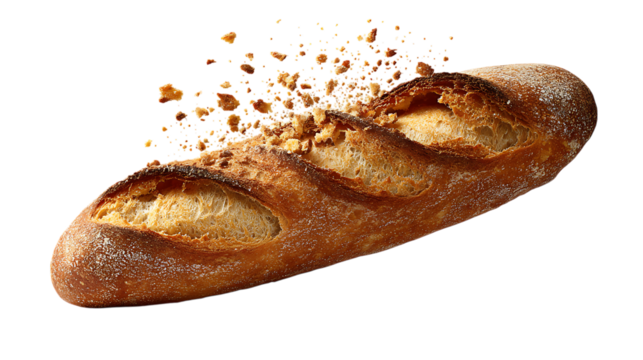 Artisan bread loaf crumbling isolated on transparent background