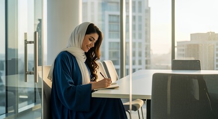A young woman in traditional Middle Eastern attire thoughtfully jots notes in a notebook while sitting at a modern desk near a large window.