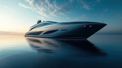 Luxury yacht at dawn on calm sea; image for travel ads