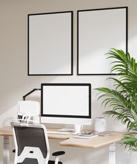 Poster Frame Mockup with Computer Screen in Modern Minimalist Home Office Interior