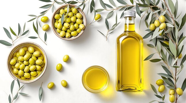 A top view of olive oil in a bottle and bowls with olives and olive branches on a white background - Powered by Adobe