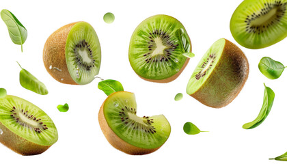 Fresh Floating Kiwi Fruits with Water Droplets and Leaves Isolated on transparent Background