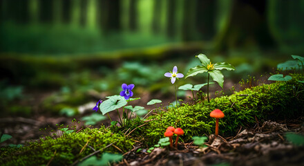 Discover vibrant wildflowers and mushrooms nestled in lush green mossy forest floor, perfect for spring projects