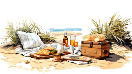 Fototapeta premium hand drawn beach picnic vibes digital painting on white background